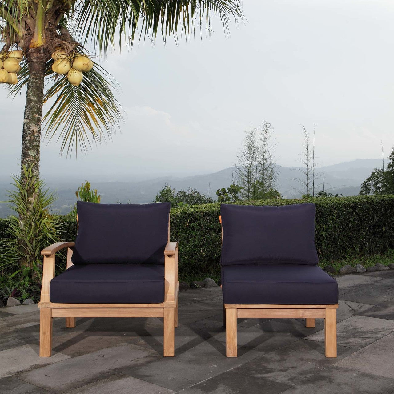 Marina 2 Piece Outdoor Patio Teak Set, Wood, Navy Blue Natural 13337