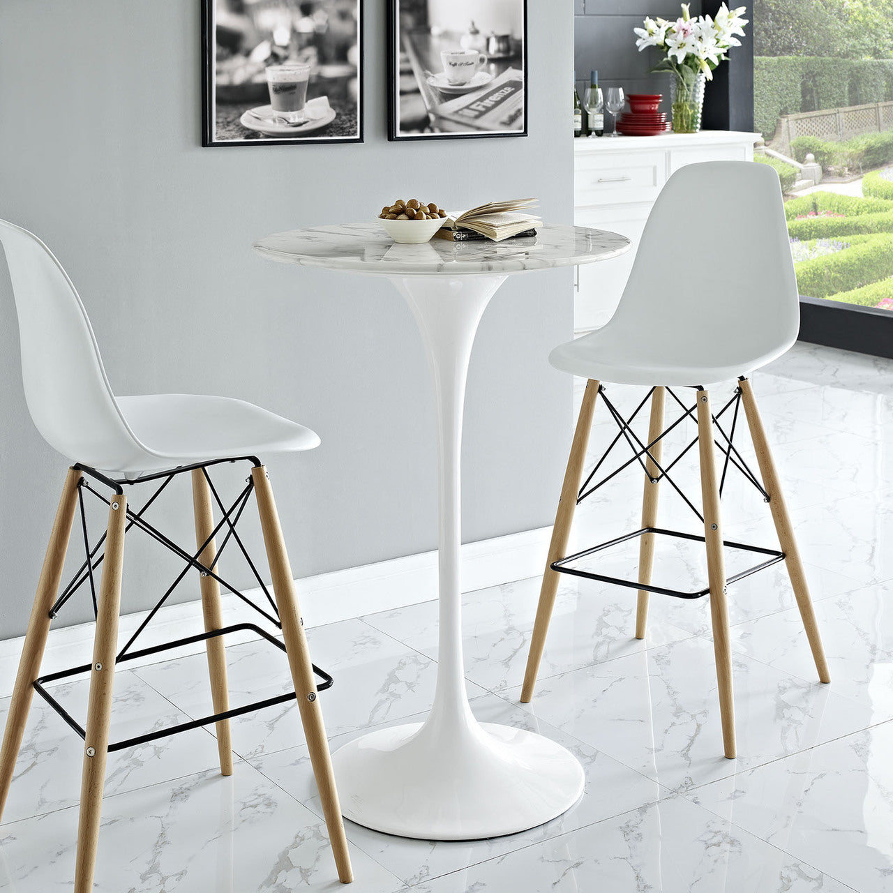 Lippa 28Inches Artificial Marble Bar Table, White, Marble, Steel