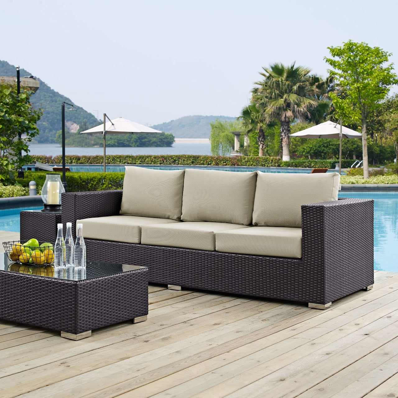 Convene Outdoor Patio Sofa, Beige, Rattan 9701