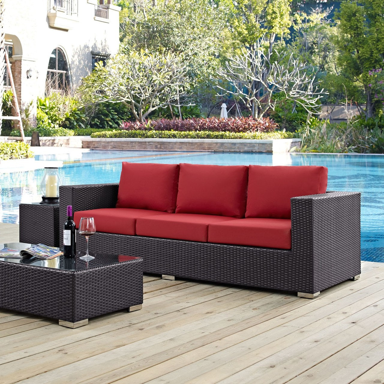 Convene Outdoor Patio Sofa, Red, Rattan 9705