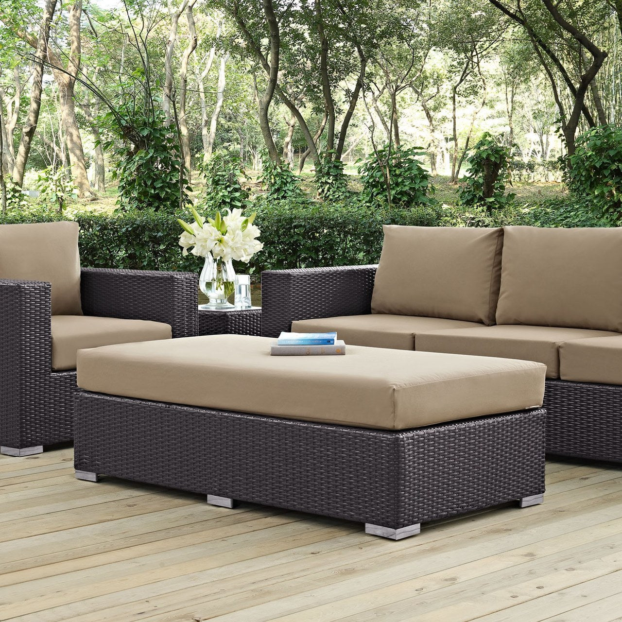 Convene Outdoor Patio Fabric Rectangle Ottoman, Brown, Rattan 9723