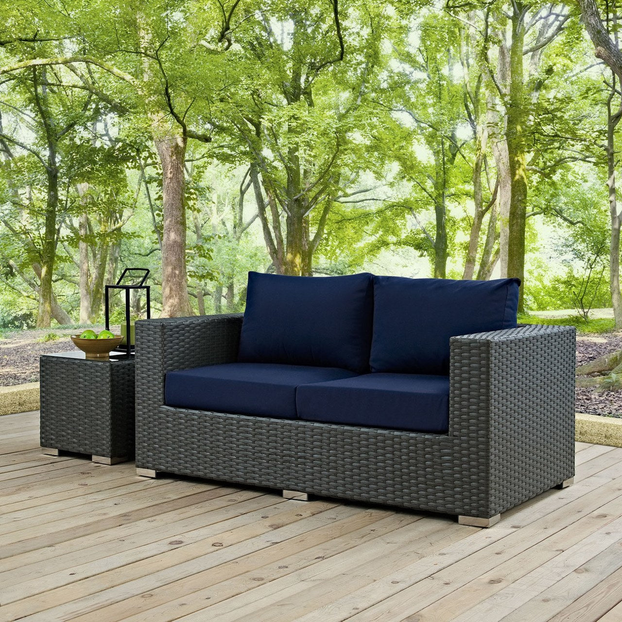 Sojourn Outdoor Patio Sunbrella Loveseat, Navy, Rattan 9732