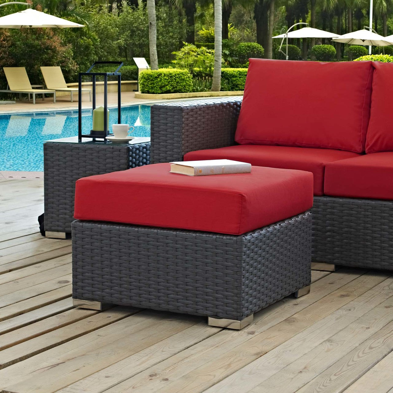 Sojourn Outdoor Patio Sunbrella® Ottoman, Sunbrella Rattan Wicker, Red 13345