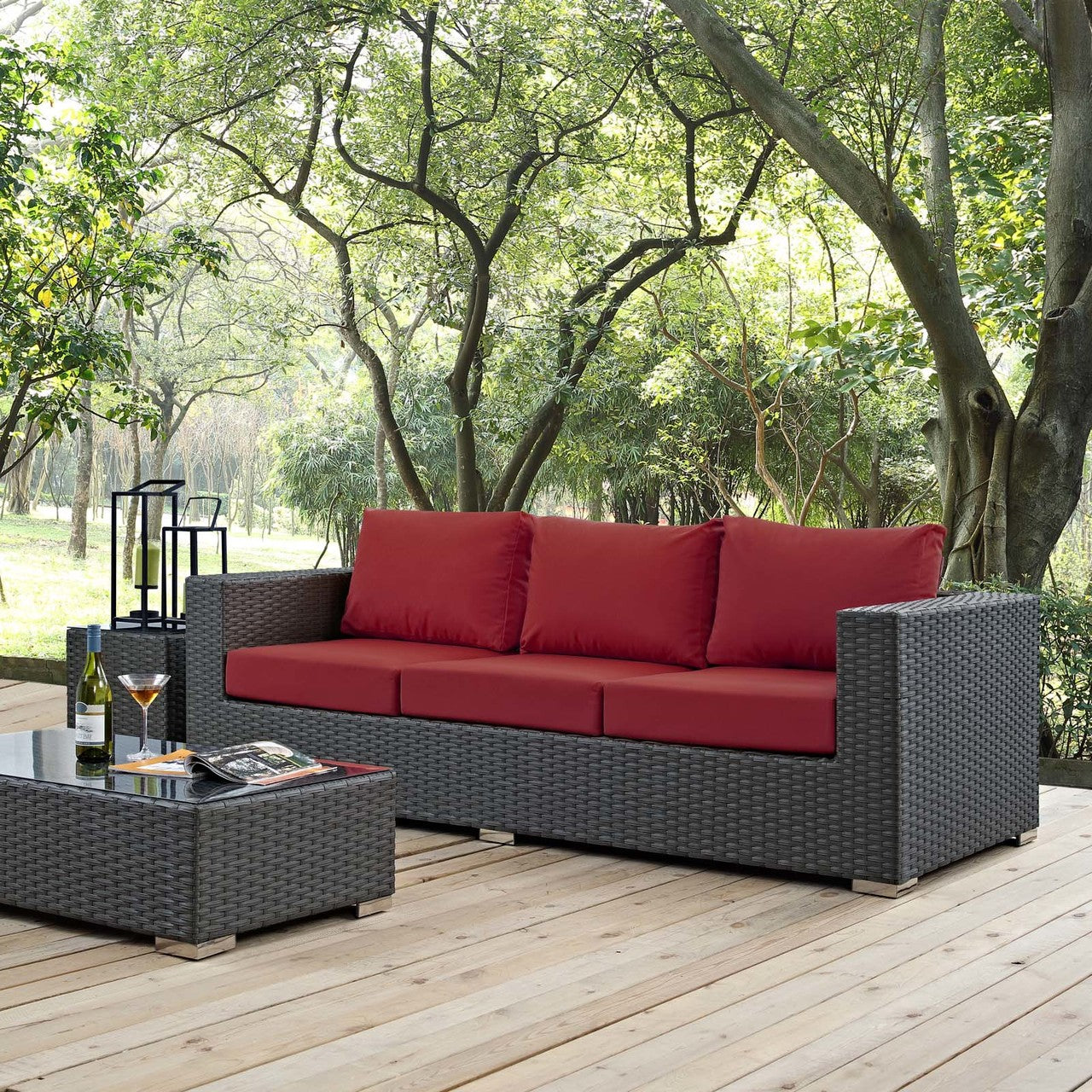Sojourn Outdoor Patio Sunbrella® Sofa, Sunbrella Rattan Wicker, Red 13353
