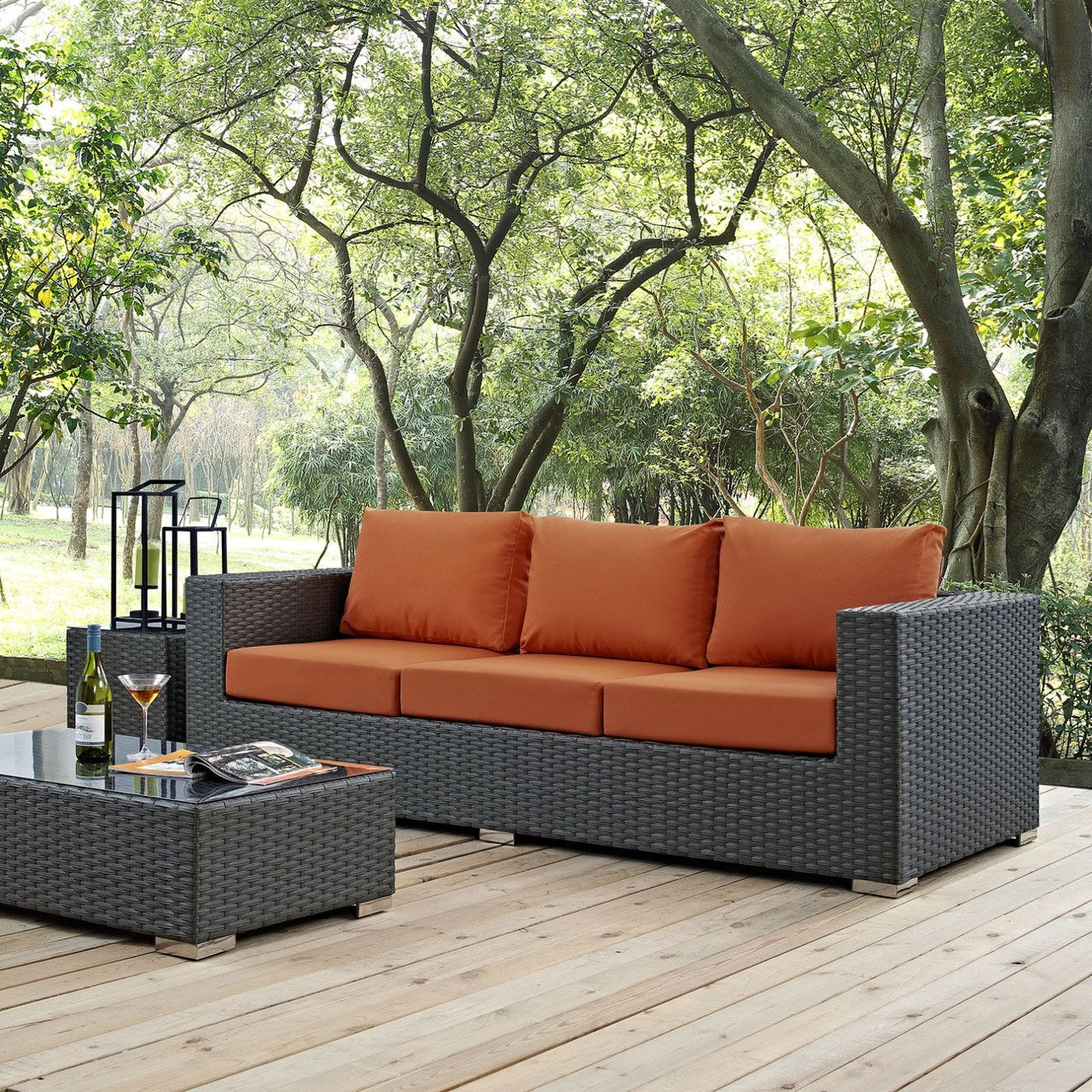 Sojourn Outdoor Patio Sunbrella Sofa, Orange, Rattan 9754