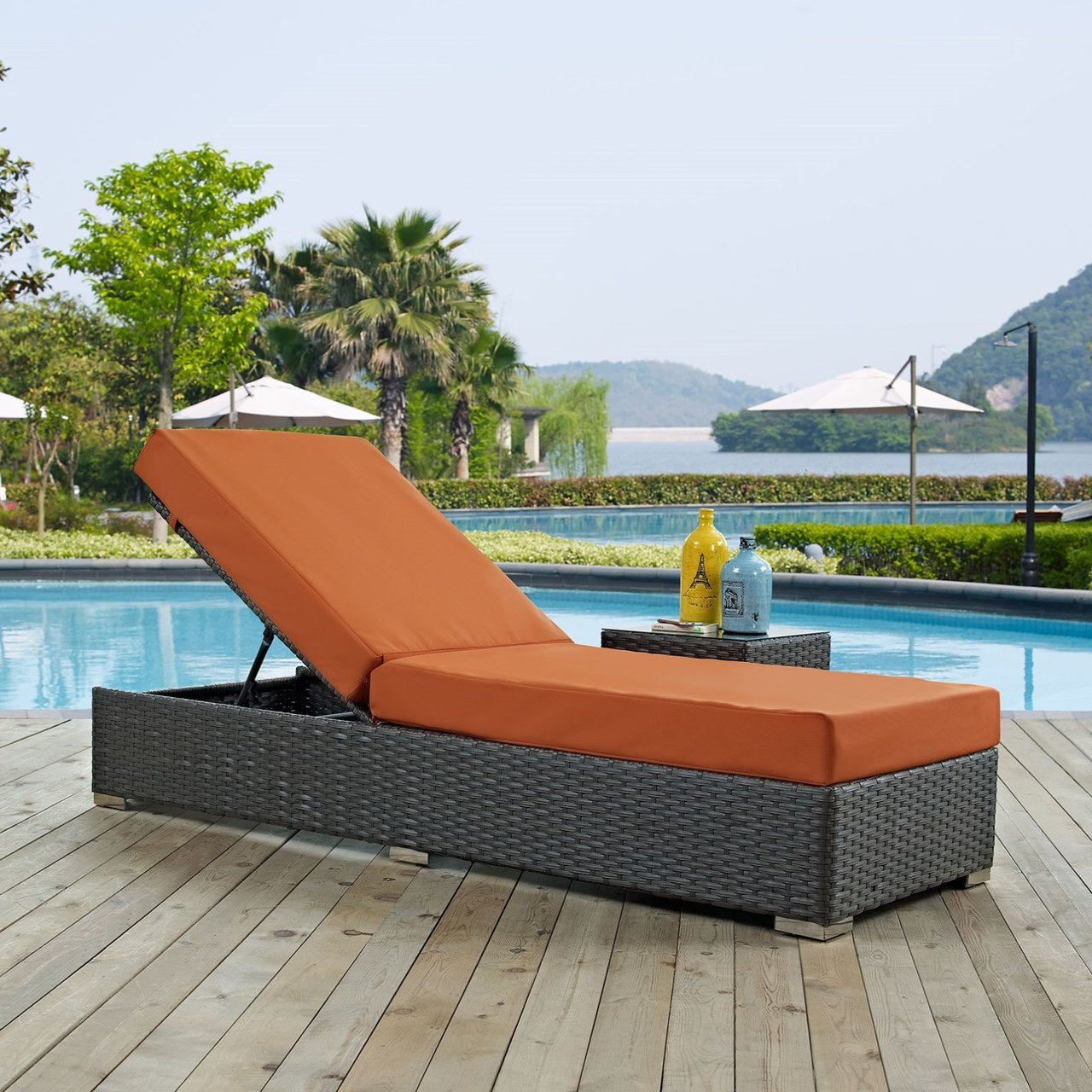 Sojourn Outdoor Patio Sunbrella Chaise Lounge, Orange, Rattan 9760