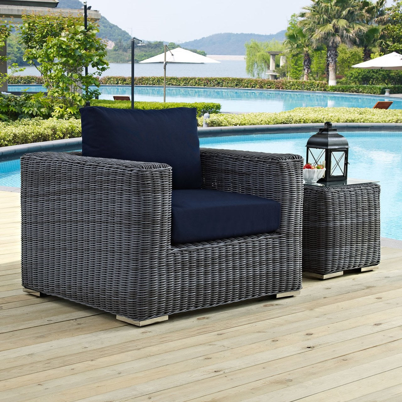 Summon Outdoor Patio Fabric Sunbrella Armchair, Navy, Rattan 9764