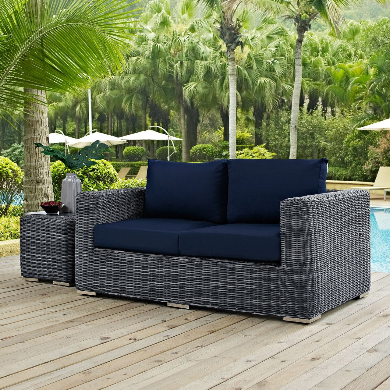 Summon Outdoor Patio Sunbrella Loveseat, Navy, Rattan 9767
