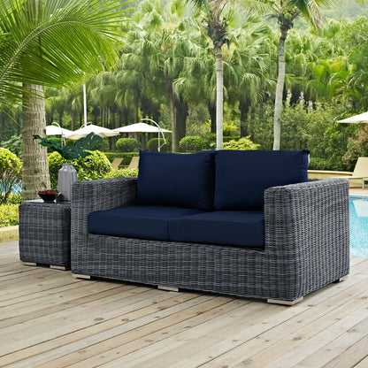 Summon Outdoor Patio Sunbrella Loveseat, Navy, Rattan 9767