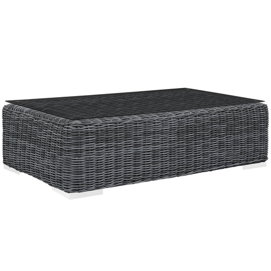Summon Outdoor Patio Glass Top Coffee Table, Grey, Synthetic Rattan