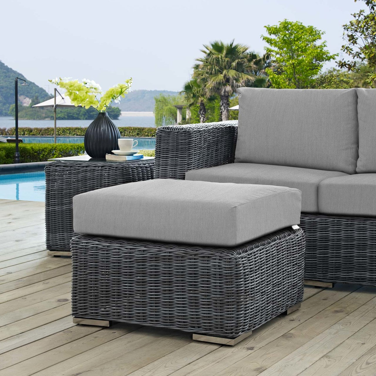 Summon Outdoor Patio Sunbrella® Ottoman, Sunbrella Rattan Wicker, Grey Gray 13362