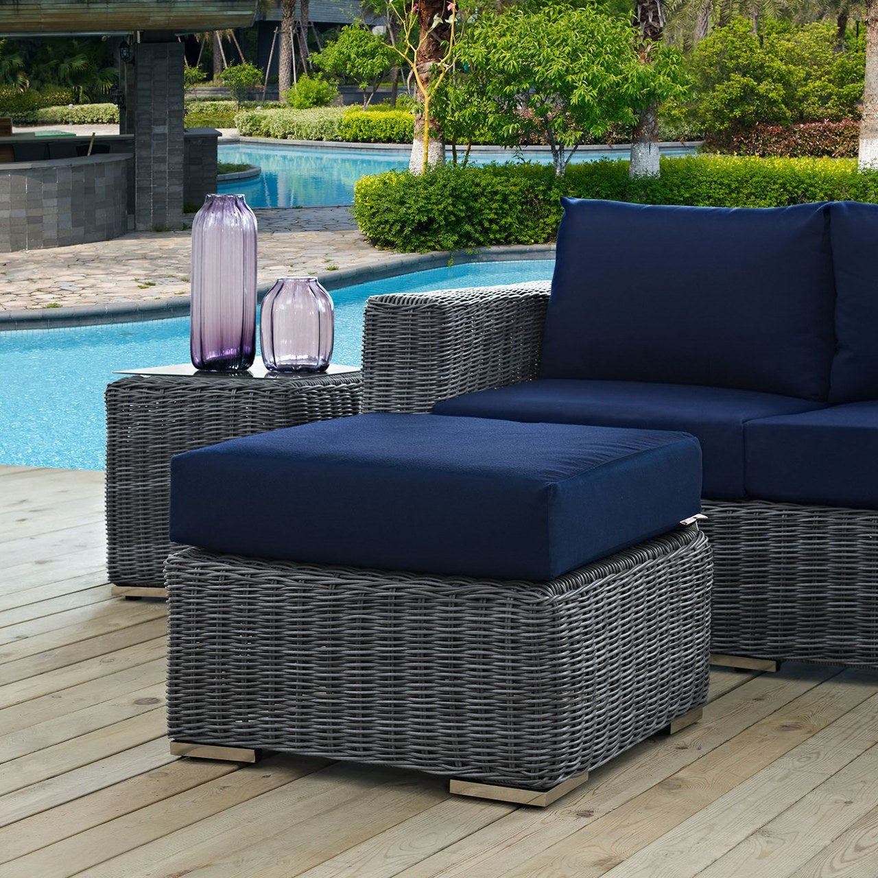 Summon Outdoor Patio Sunbrella Ottoman, Navy, Rattan 9771