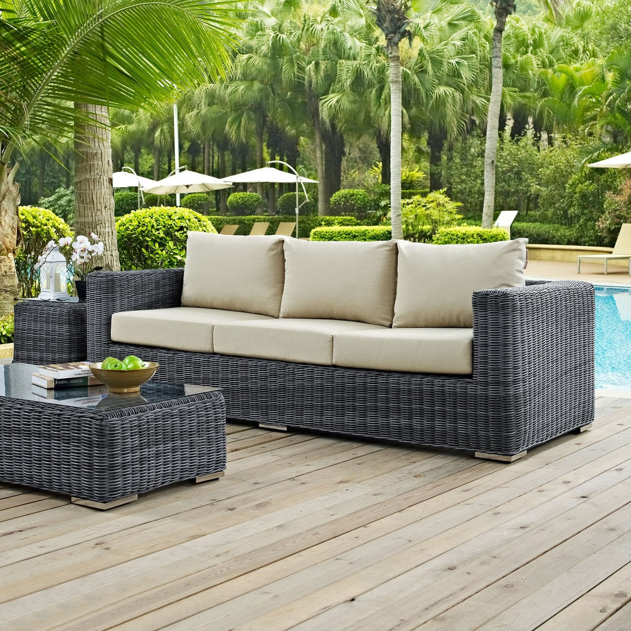 Summon Outdoor Patio Sunbrella Sofa, Beige, Rattan 9784