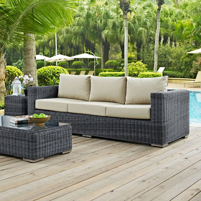 Summon Outdoor Patio Sunbrella Sofa, Beige, Rattan 9784