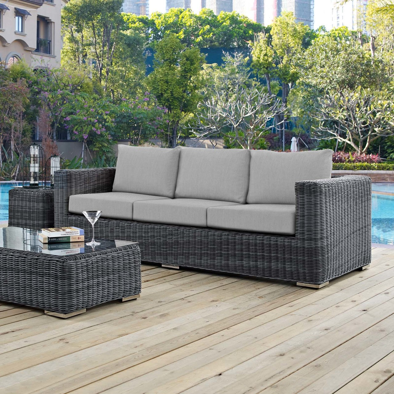 Summon Outdoor Patio Sunbrella® Sofa, Sunbrella Rattan Wicker, Grey Gray 13372