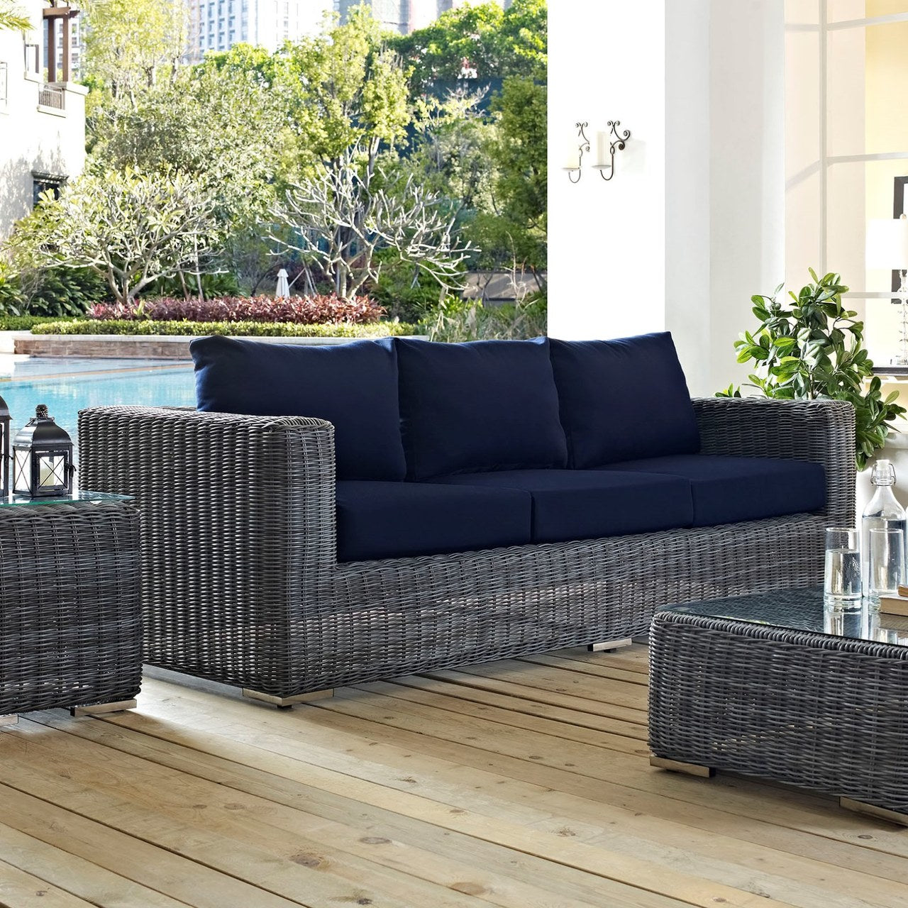 Summon Outdoor Patio Sunbrella Sofa, Navy, Rattan 9785