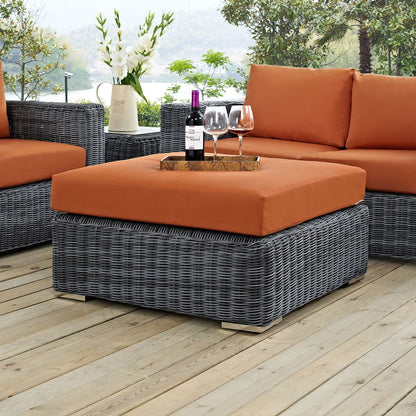 Summon Outdoor Patio Sunbrella Square Ottoman, Orange, Rattan 9789