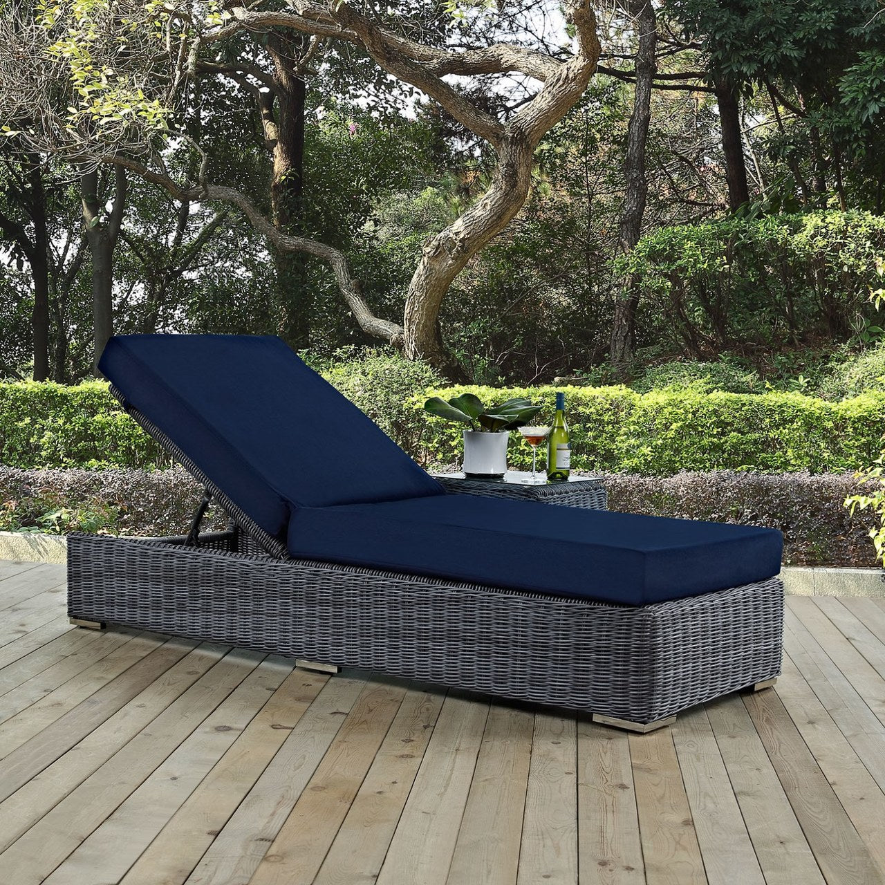 Summon Outdoor Patio Sunbrella Chaise Lounge, Navy, Rattan 9790