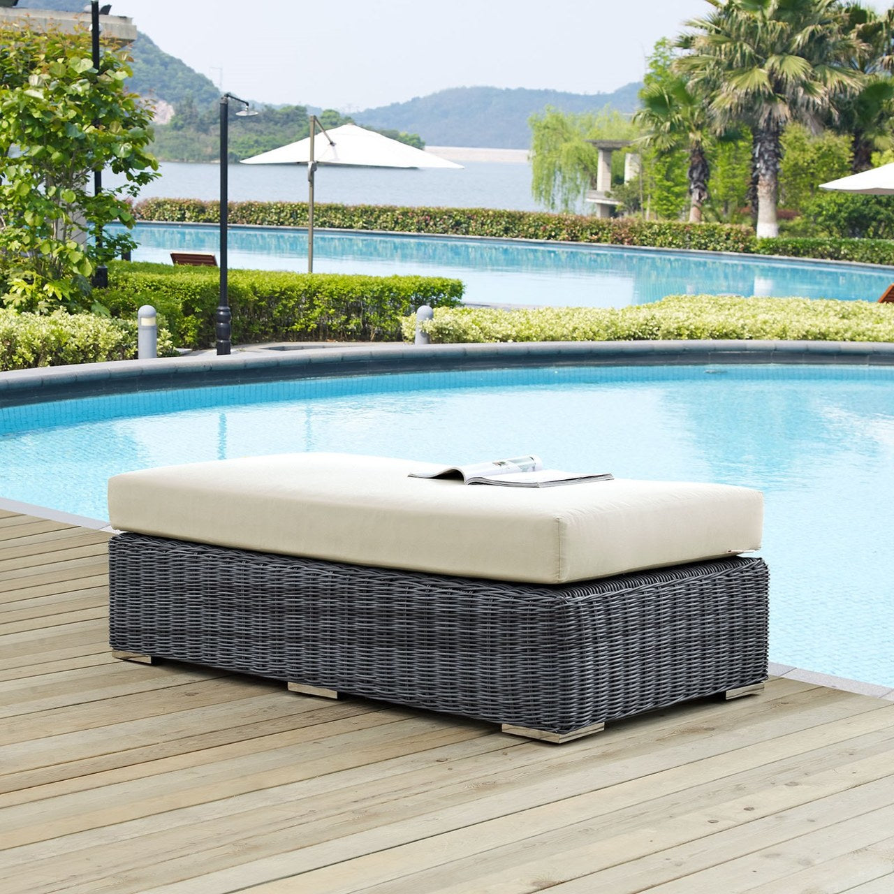 Summon Outdoor Patio Sunbrella Rectangle Ottoman, Beige, Rattan 9792