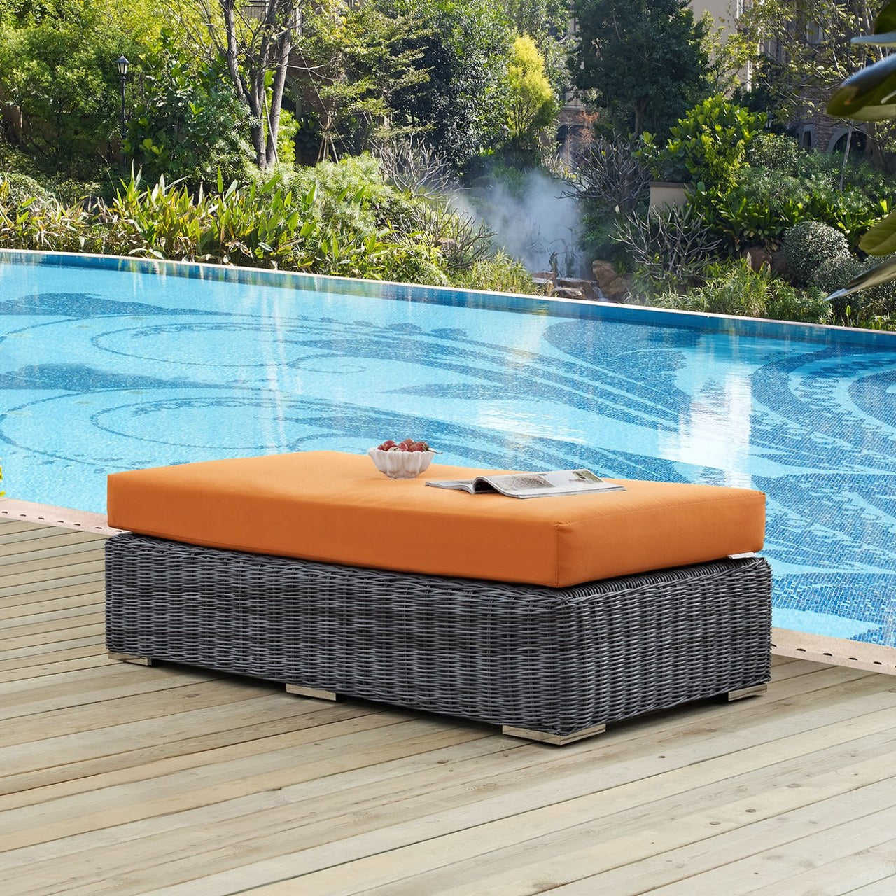 Summon Outdoor Patio Sunbrella Rectangle Ottoman, Orange, Rattan 9794