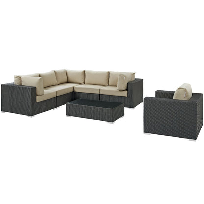 Sojourn Seven PCS Outdoor Patio Sunbrella Sectional Set , Beige, Rattan 9795