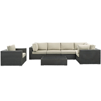 Sojourn Seven PCS Outdoor Patio Sunbrella Sectional Set , Beige, Rattan 9795