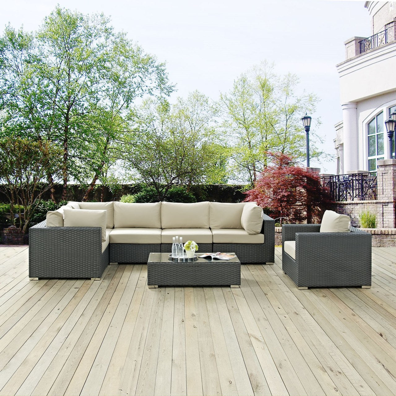 Sojourn Seven PCS Outdoor Patio Sunbrella Sectional Set , Beige, Rattan 9795