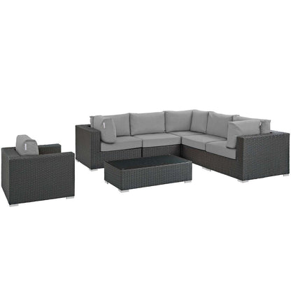 Sojourn 7 Piece Outdoor Patio Sunbrella® Sectional Set, Sunbrella Rattan Wicker, Grey Gray 13378