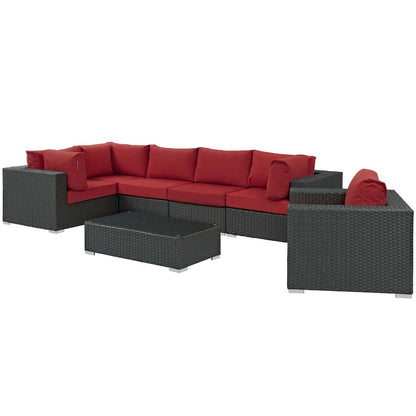 Sojourn 7 Piece Outdoor Patio Sunbrella® Sectional Set, Sunbrella Rattan Wicker, Red 13379