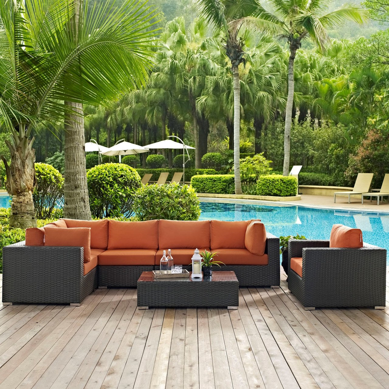 Sojourn Seven PCS Outdoor Patio Sunbrella Sectional Set , Orange, Rattan 9797