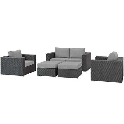 Sojourn 5 Piece Outdoor Patio Sunbrella® Sectional Set, Sunbrella Rattan Wicker, Grey Gray 13380