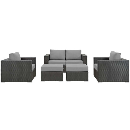 Sojourn 5 Piece Outdoor Patio Sunbrella® Sectional Set, Sunbrella Rattan Wicker, Grey Gray 13380