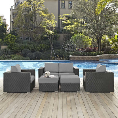 Sojourn 5 Piece Outdoor Patio Sunbrella® Sectional Set, Sunbrella Rattan Wicker, Grey Gray 13380