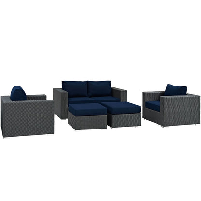 Sojourn Five PCS Outdoor Patio Sunbrella Sectional Set , Navy, Rattan 9799