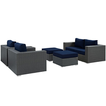Sojourn Five PCS Outdoor Patio Sunbrella Sectional Set , Navy, Rattan 9799