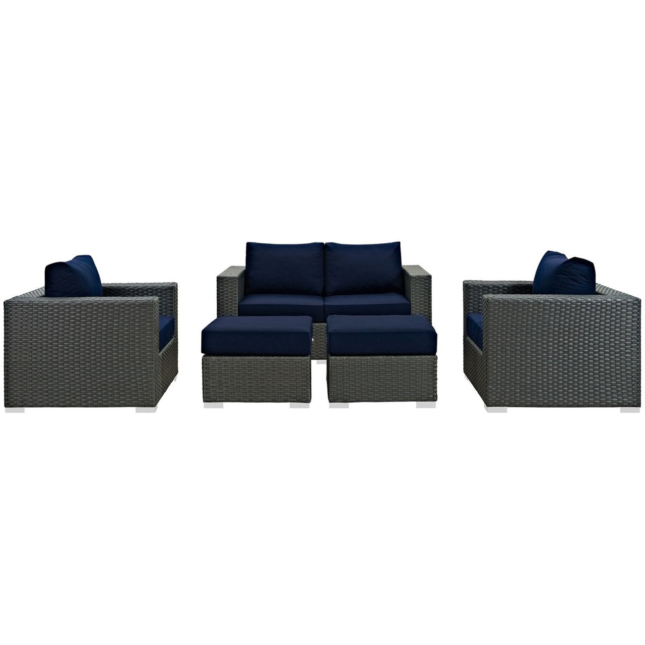 Sojourn Five PCS Outdoor Patio Sunbrella Sectional Set , Navy, Rattan 9799