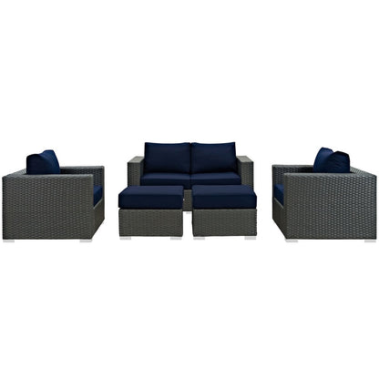 Sojourn Five PCS Outdoor Patio Sunbrella Sectional Set , Navy, Rattan 9799