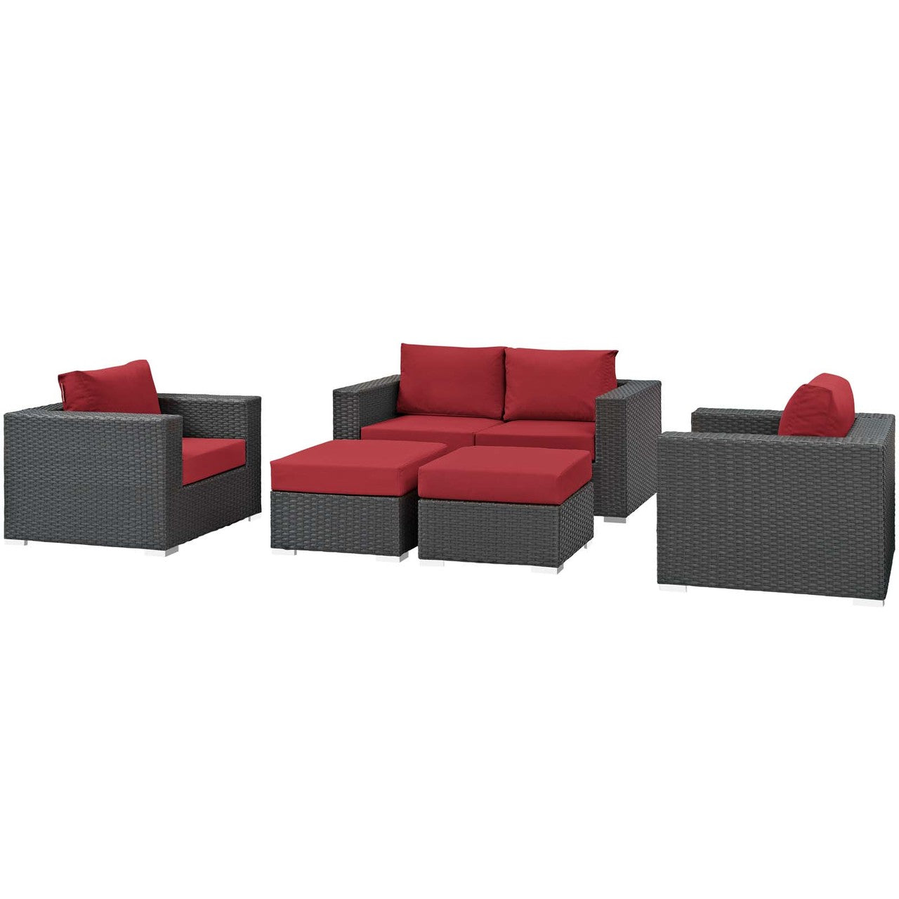 Sojourn 5 Piece Outdoor Patio Sunbrella® Sectional Set, Sunbrella Rattan Wicker, Red 13381