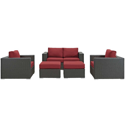 Sojourn 5 Piece Outdoor Patio Sunbrella® Sectional Set, Sunbrella Rattan Wicker, Red 13381