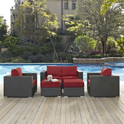 Sojourn 5 Piece Outdoor Patio Sunbrella® Sectional Set, Sunbrella Rattan Wicker, Red 13381