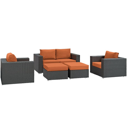 Sojourn Five PCS Outdoor Patio Sunbrella Sectional Set , Orange, Rattan 9800