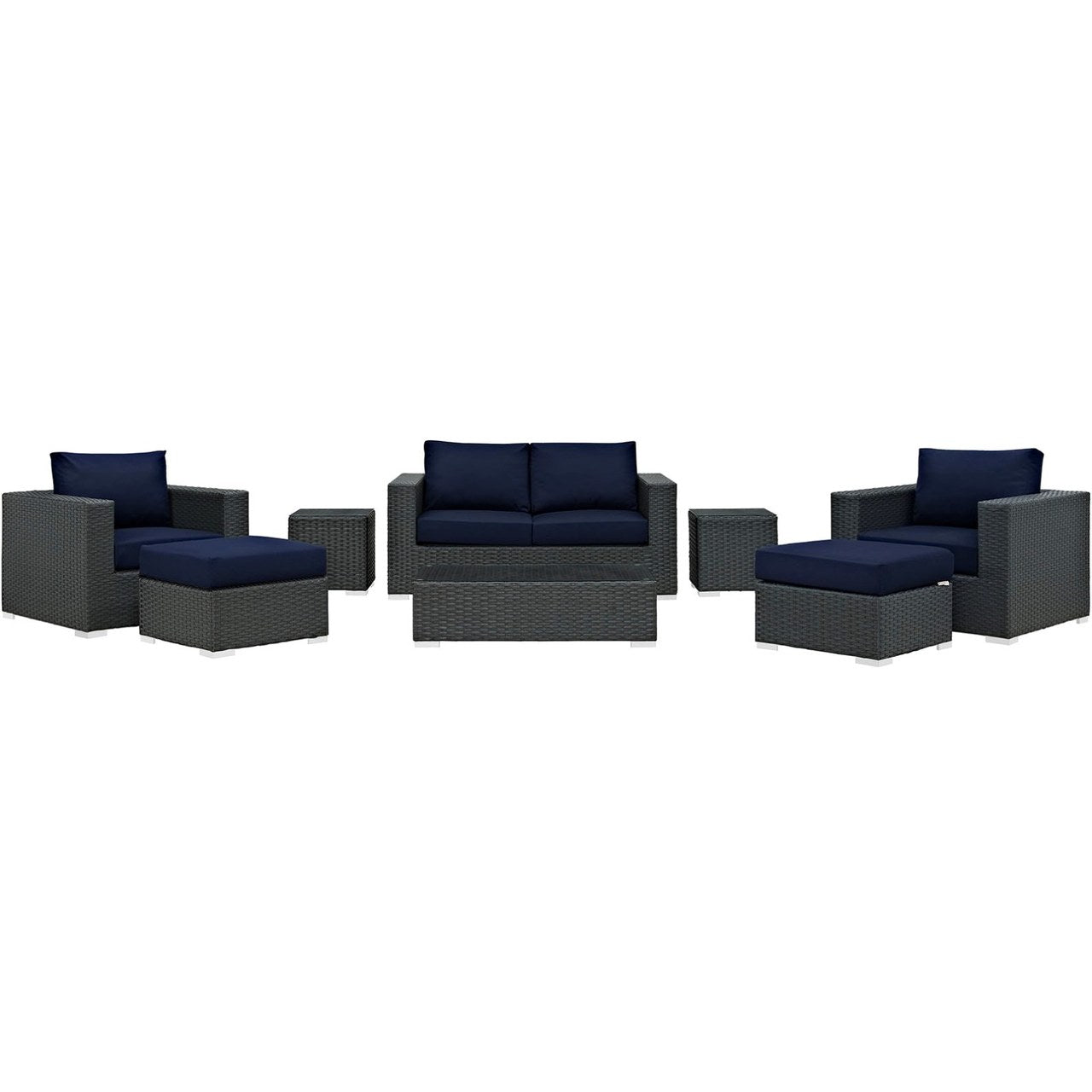 Sojourn Eight PCS Outdoor Patio Sunbrella Sectional Set , Navy, Rattan 9802