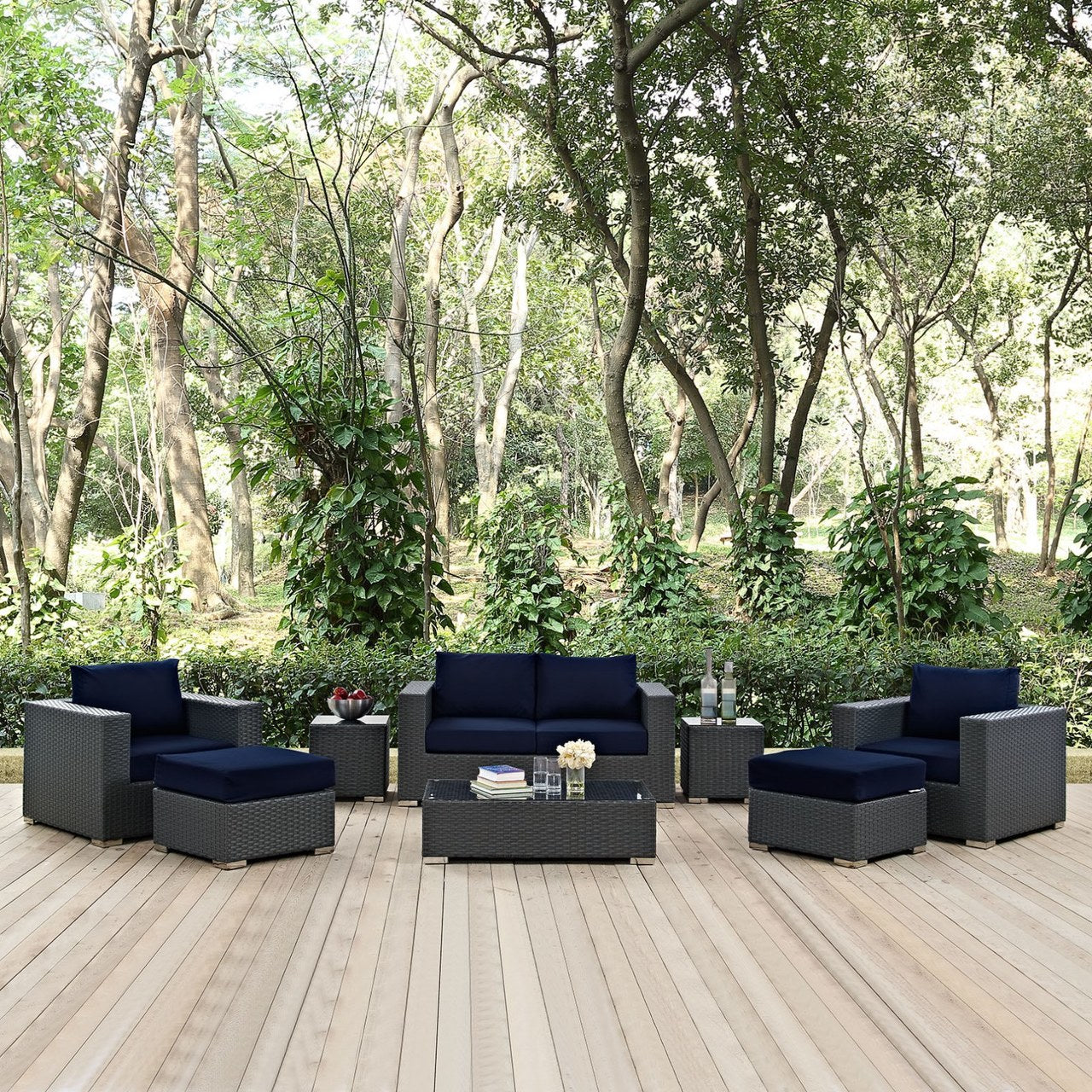 Sojourn Eight PCS Outdoor Patio Sunbrella Sectional Set , Navy, Rattan 9802