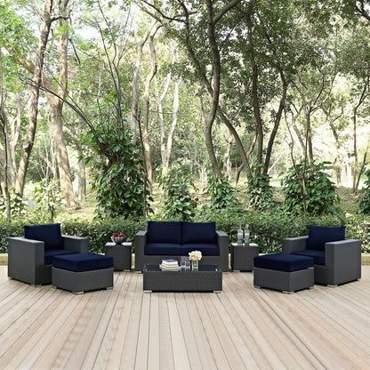 Sojourn Eight PCS Outdoor Patio Sunbrella Sectional Set , Navy, Rattan 9802