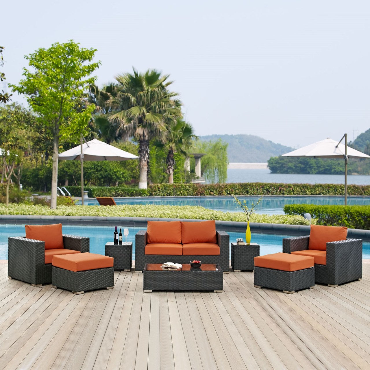 Sojourn Eight PCS Outdoor Patio Sunbrella Sectional Set , Orange, Rattan 9803