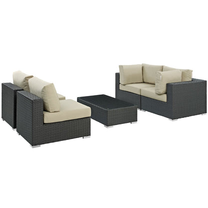 Sojourn Five PCS Outdoor Patio Sunbrella Sectional Set, Beige , Rattan 9807