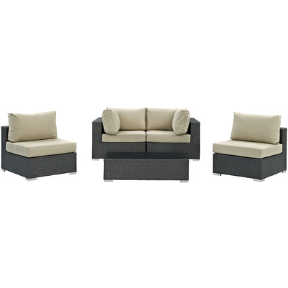 Sojourn Five PCS Outdoor Patio Sunbrella Sectional Set, Beige , Rattan 9807
