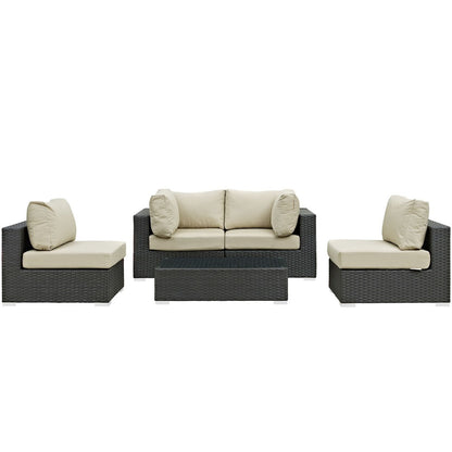 Sojourn Five PCS Outdoor Patio Sunbrella Sectional Set, Beige , Rattan 9807