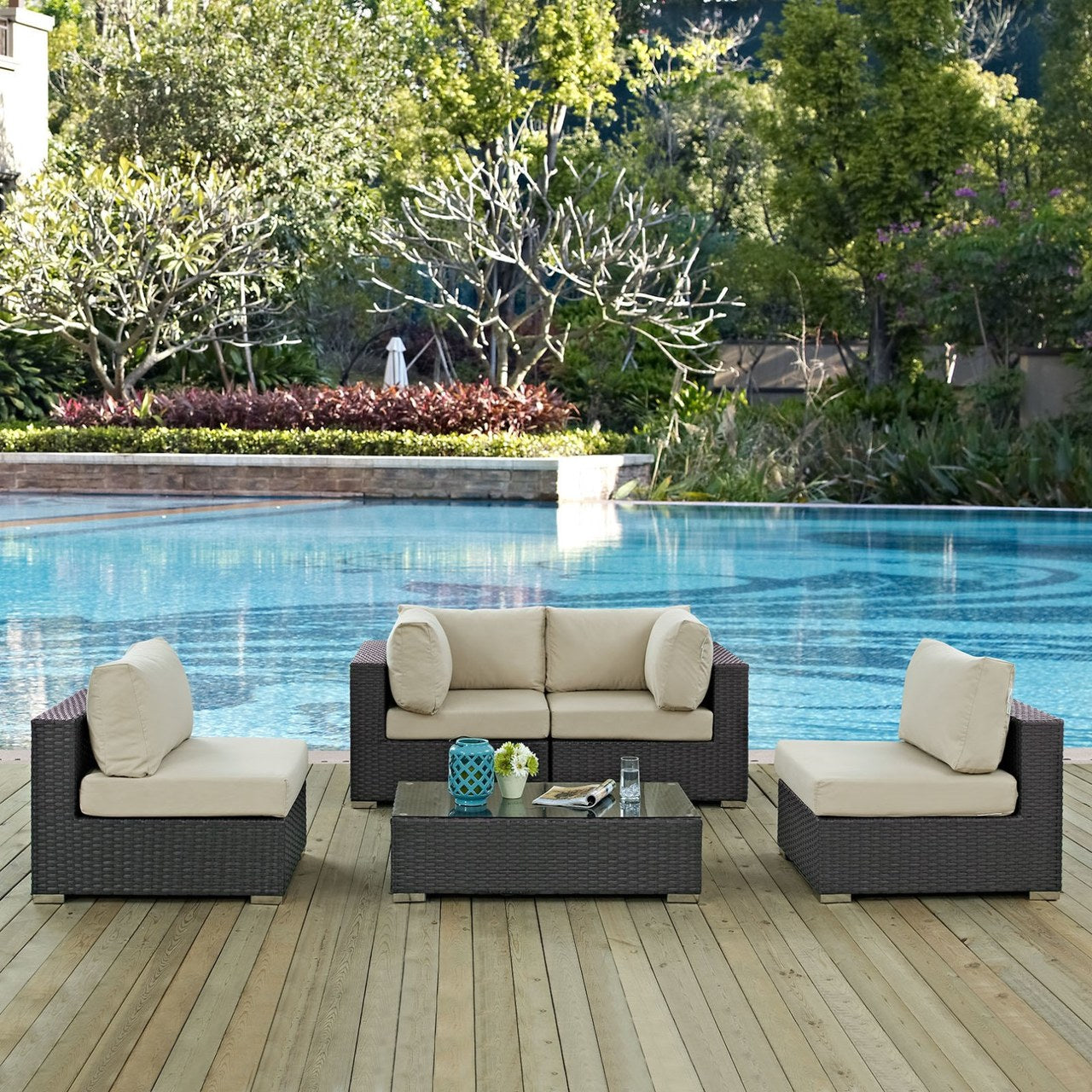 Sojourn Five PCS Outdoor Patio Sunbrella Sectional Set, Beige , Rattan 9807