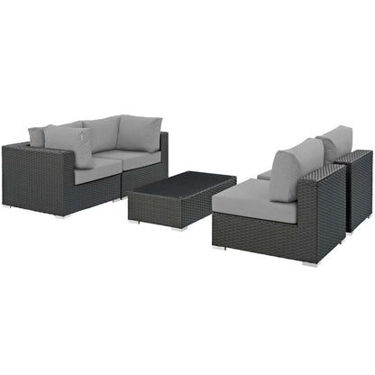 Sojourn 5 Piece Outdoor Patio Sunbrella® Sectional Set, Sunbrella Rattan Wicker, Grey Gray 13384